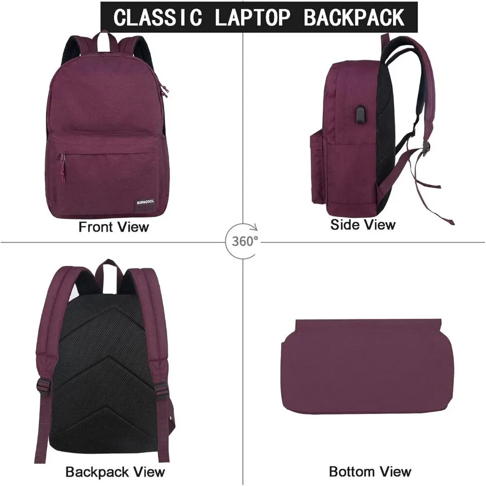 💫 Women Red Casual Laptop Bag College USB Charging Port Lightweight Backpack